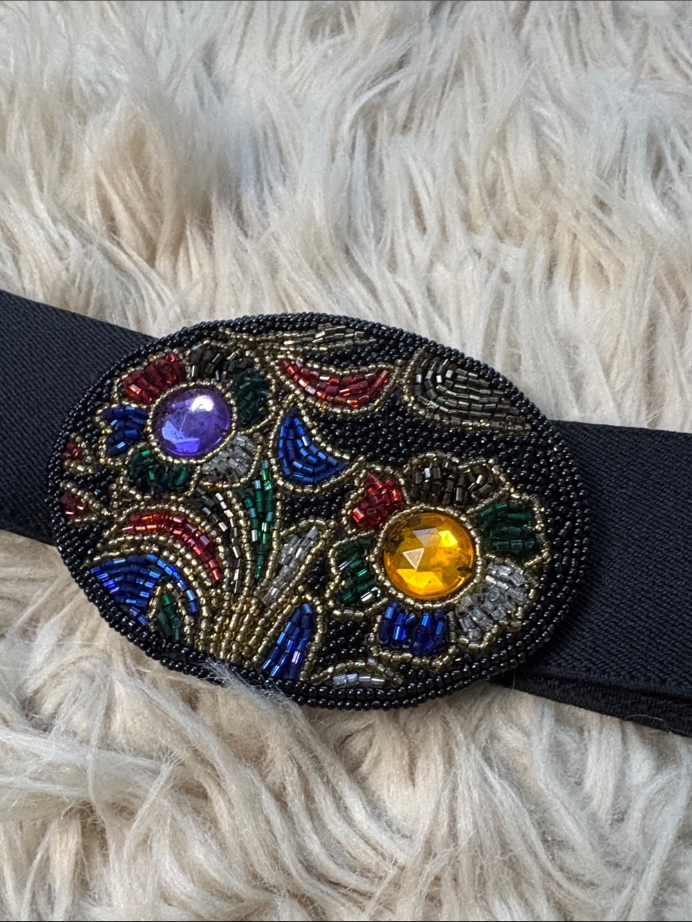 Black Vintage Elastic Waist Belt with Multicolor Jeweled Medallion